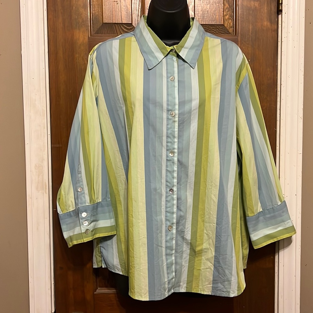 BILLBLASS Jeanswear 3/4 length sleeve green/blue striped woven top Size 1X